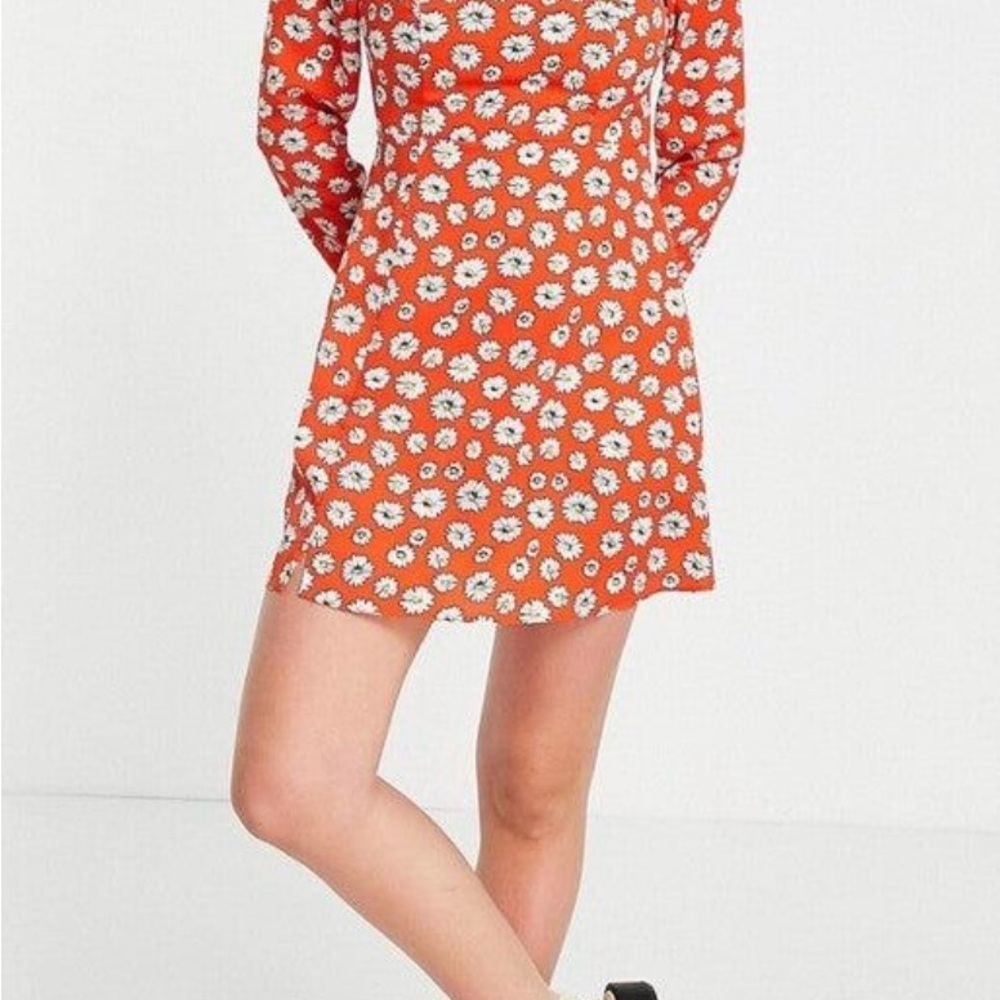ASOS Design Orange Floral Bishop Sleeve Sundress Size 8 Petite